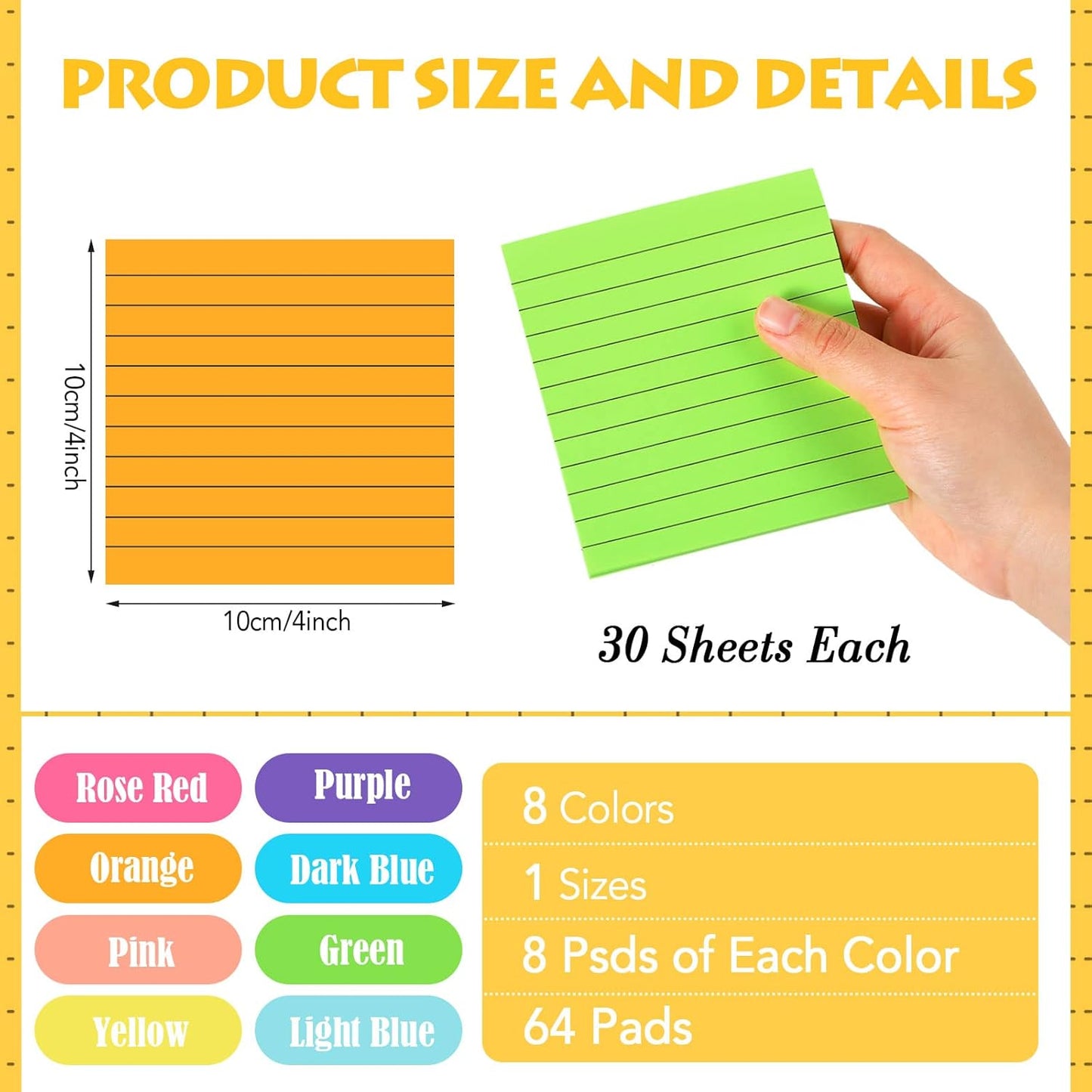 Yexiya 64 Pcs Lined Sticky Notes Self Stick Notes with Lines Bright Assorted Colors Sticky Pad for Home Office Products Post Memos, 1920 Sheets(4 x 4 Inch,Chic Color)