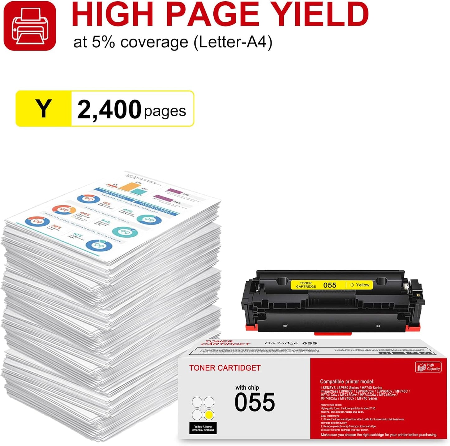 1 Pack 055 3013C001 Yellow Toner Cartridge: Compatible CRG-055 Replacement for Canon i-SENSYS LBP660 MF740 Series ImageClass LBP664Cdw LBP664Cx MF740C MF741Cdw MF743Cdw MF746Cdw MF740 Series Printer