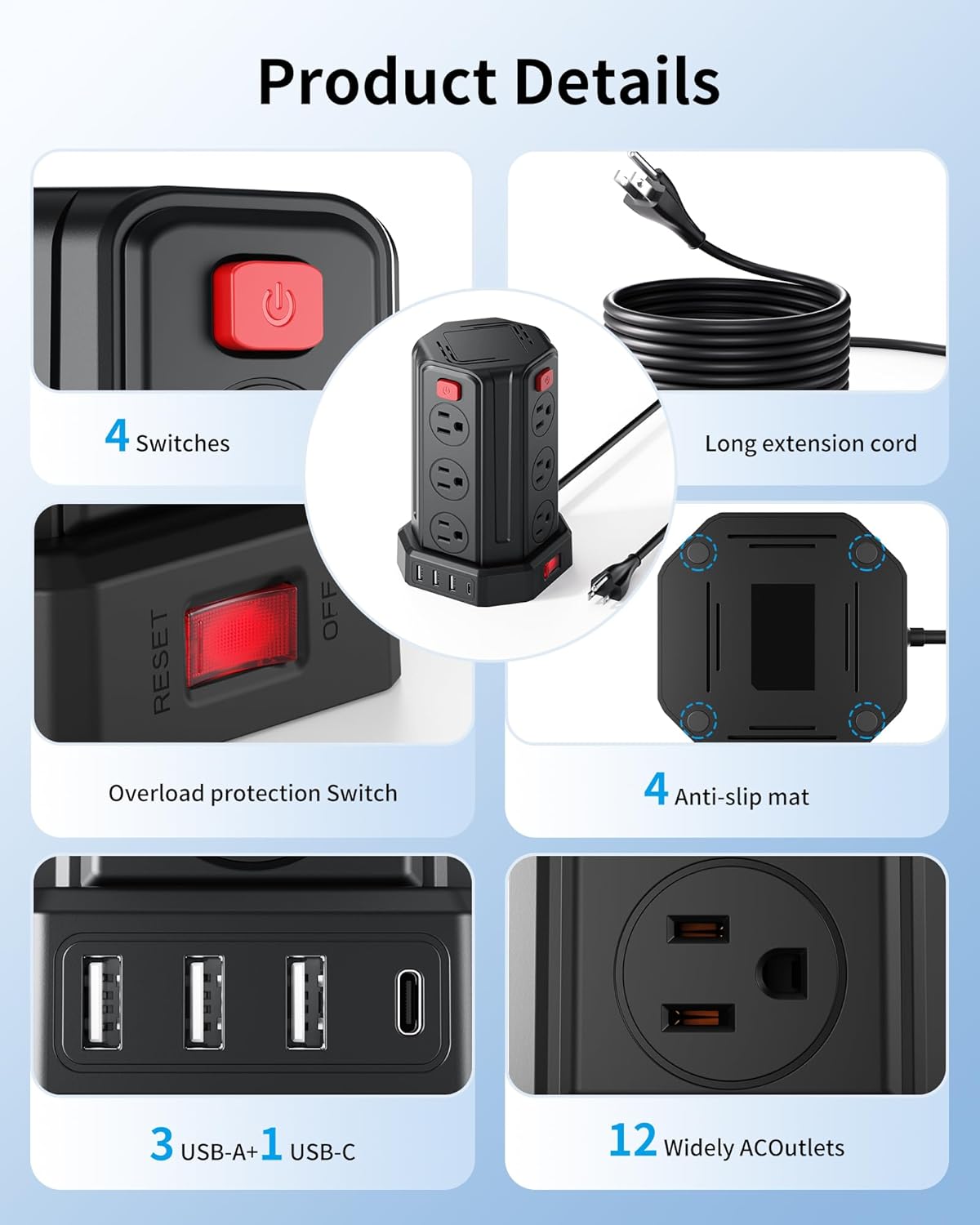 Power Strip Surge Protector, 6.5 Ft Extension Cord with 12 AC Multiple Outlets 4 USB (1 USB C), SMALLRT Power Tower Desktop Charging Station (Black, 6.5 Ft)