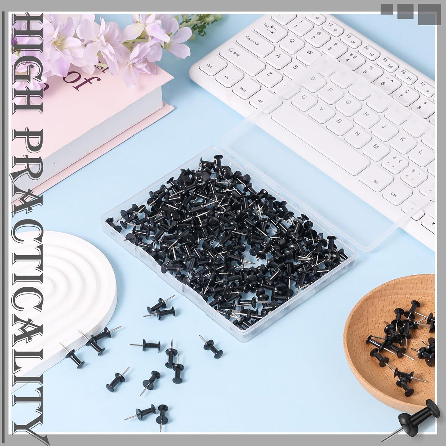 220 Count Black Push Pins Standard Plastic Head Steel Point Thumb Tacks for Cork Board Wall Hanging