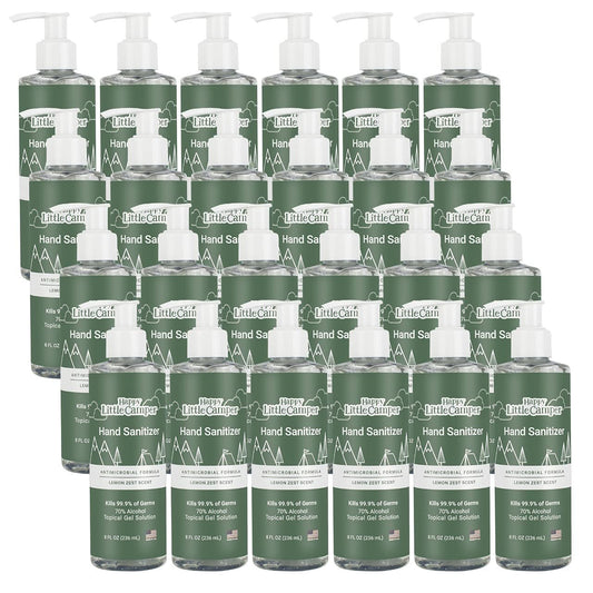 Happy Little Camper Hand Sanitizer with Lemon Zest Scent - Moisturizing Gel with Vitamin E & Antimicrobial Formula- Contains 70% Ethyl Alcohol - Travel Size, Made in USA - 8 Fl Oz, 236ml - 24 Bottles