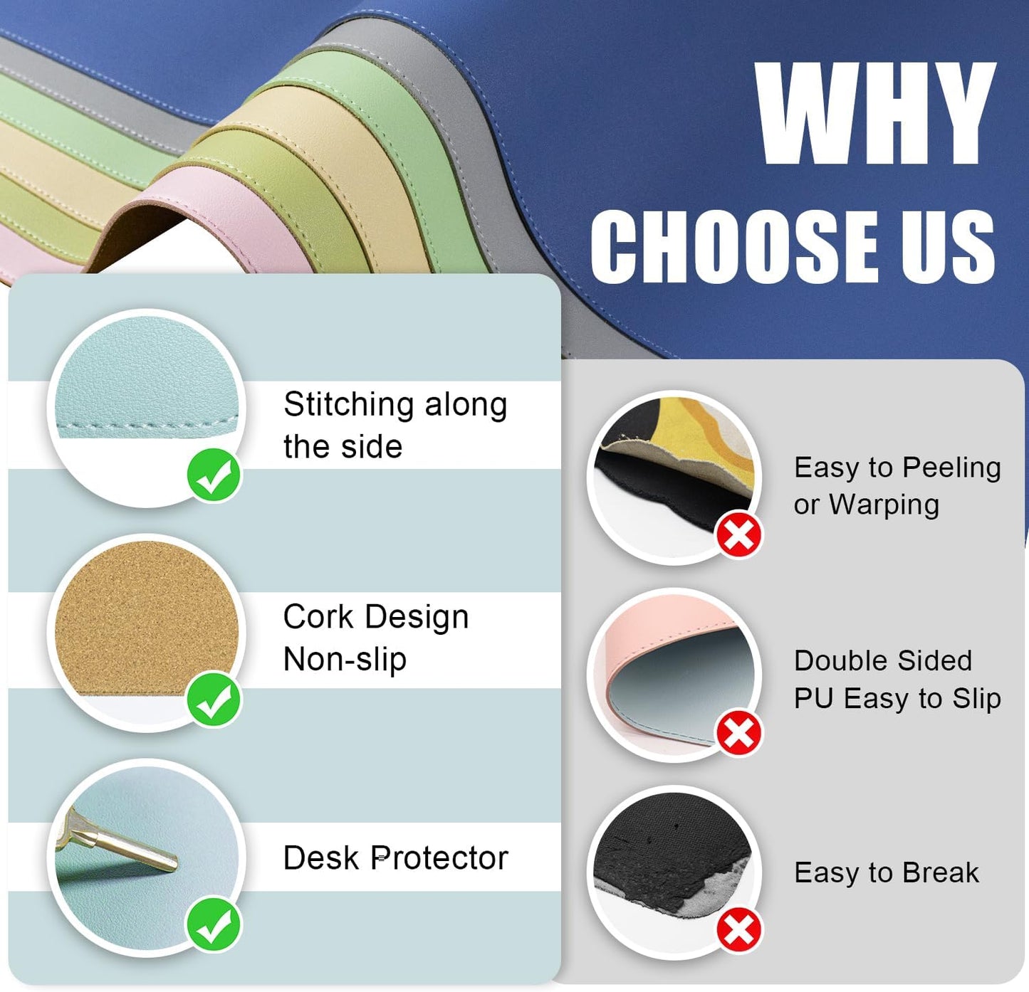 Large Desk Pad 35.4" x 17", Non-Slip Desk Mat with PU Leather & Natural Cork, Waterproof Writing Desk Natural Cork, Computer Mat Desk Protector for Office Home, Light Blue