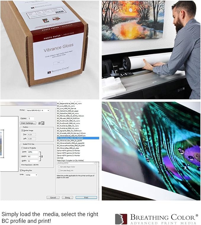 Vibrance Gloss Photo Printer Paper 10 mil 255 gsm Glossy Finish Premium Photo Paper Roll on 3inch Core 36 inches x 100 feet Works with Most Inkjet Printers Including Professional Makes and Models