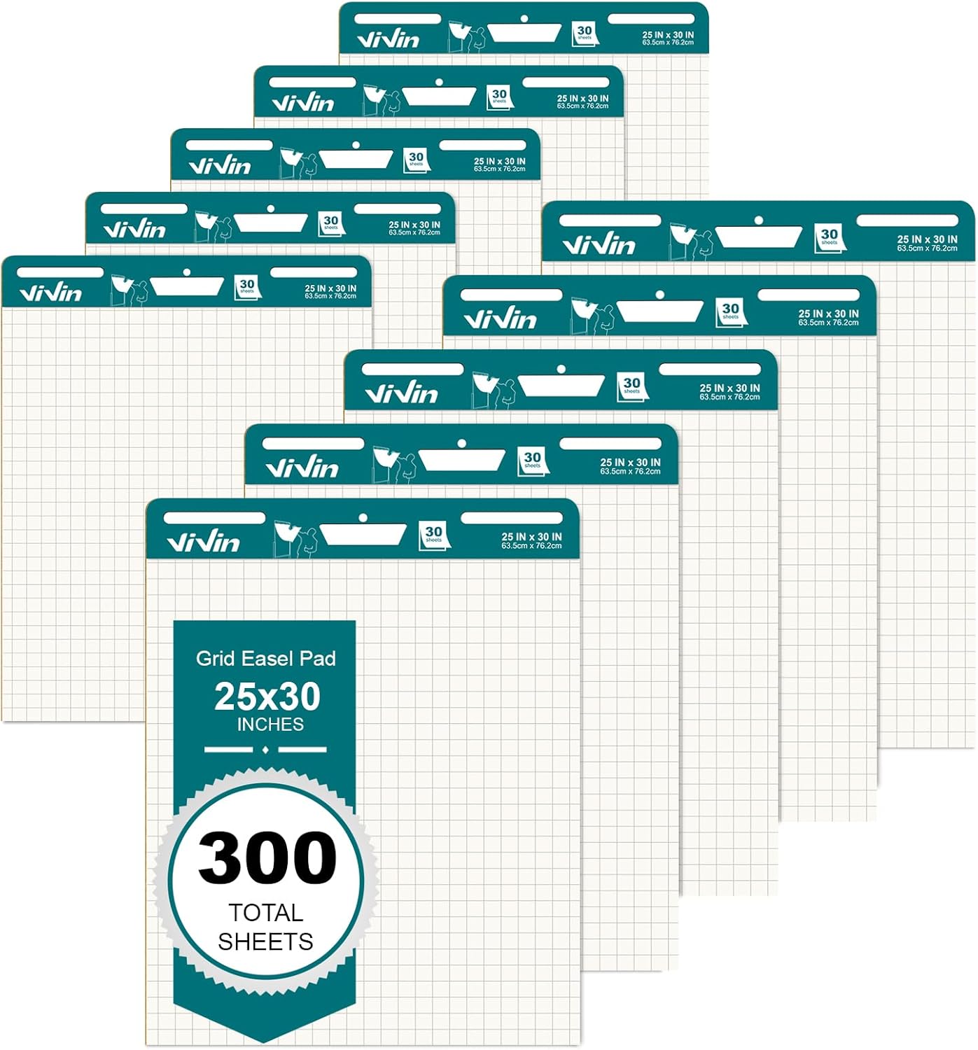 ViVin Grid Sticky Easel Pad, 25 x 30 Inches Flip Chart Paper for Teachers and Students, Large Self Stick Easel Paper for School & Office, 30 Sheets/Pad, 10 Pads/Pack