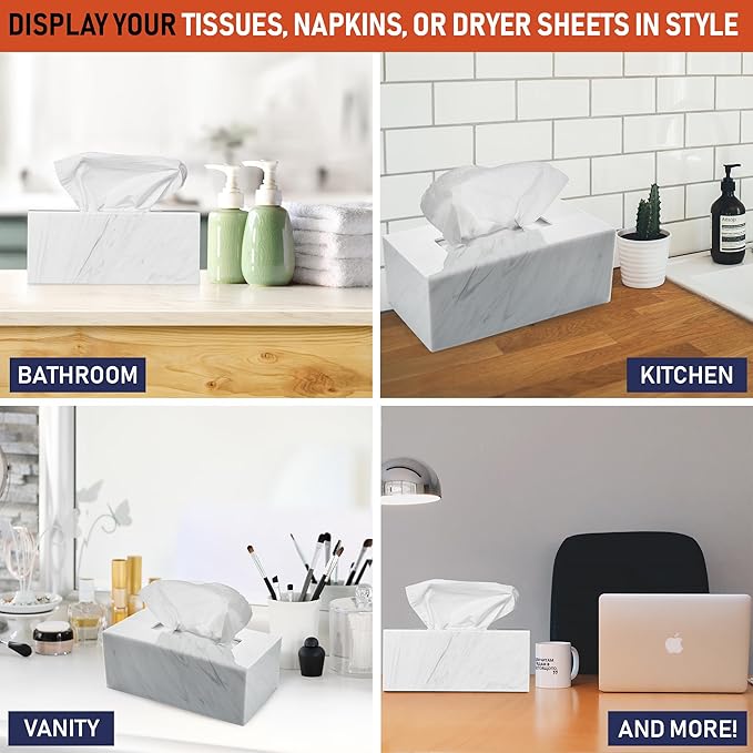 Acrylic Tissue Box Holder, Clear Dispenser for Facial Tissues, Napkins, and Dryer Sheets. Perfect for Bathrooms, Desks, Countertops, Vanities, Bedrooms, and Nightstands (Rectangle, Marble)