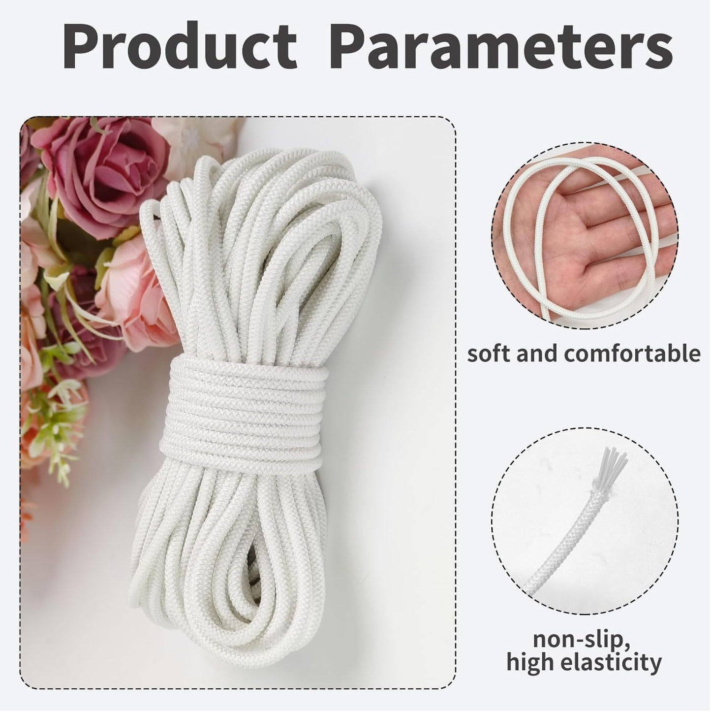 1/8 inch Non-Slip Elastic Band -3mm 15 Yards Soft Elastic Cord Stretch String Braided Thread for Sports Gear, DIY Crafts, Hair Bands,Shoelaces, Apparel Making & Camping Tie Down (White)