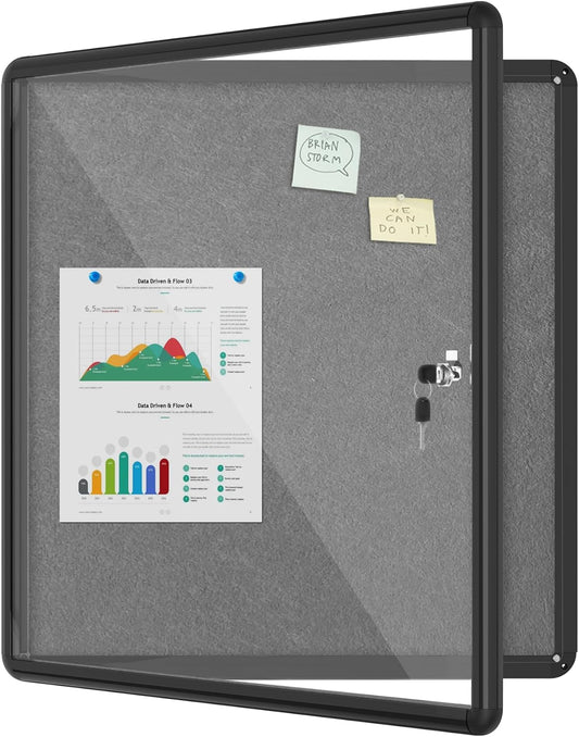 28"x26" Enclosed Bulletin Board, Lockable Weather-Resistant Aluminum Cork Noticeboard for School & Office, Black Frame w/Grey Flet