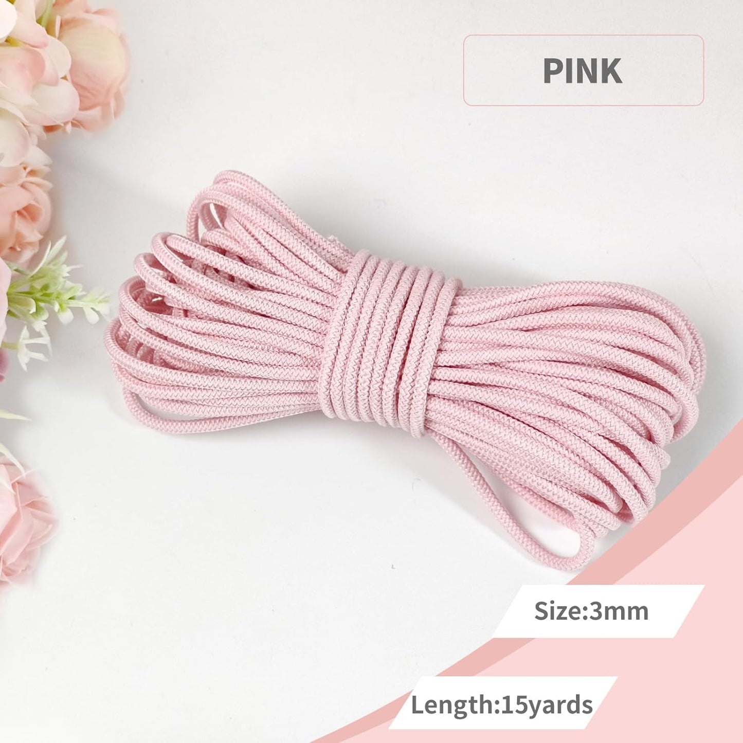 3mm Pink Elastic Cord 45ft - 1/8 inch Strong No-Slip Bungee String for Crafts, DIY Projects, Kayak Tie Downs, Camping Gear, Sports Gear, DIY Crafts, Hair Bands, Apparel Making & Shoe Laces