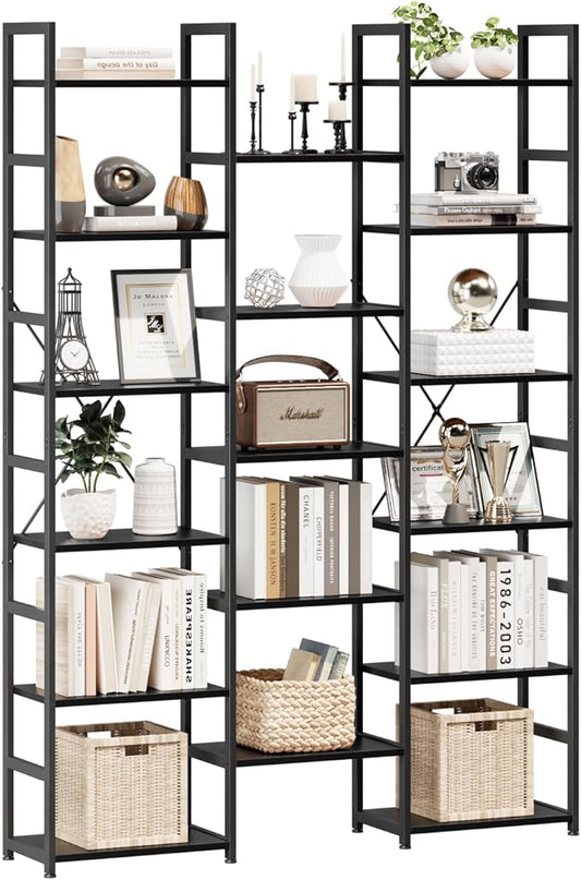 NUMENN Triple Column 6 Tier Bookshelf, Bookcase with 17 Open Display Shelves, Adjustable Rustic Industrial Style Book Shelves, Modern Bookshelves for Bedroom, Living Room and Home Office, Black