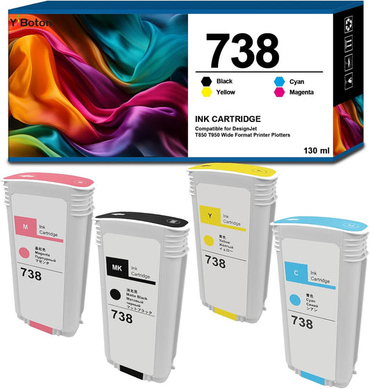 High Yield 738 738XL Ink Cartridgs 498N8A 676M6A 676M7A 676M8A Black Cyan Yellow Magenta Ink Cartridge Compatible for HP DesignJet T850 T950 Wide Format Printer Plotters (4-Pack)