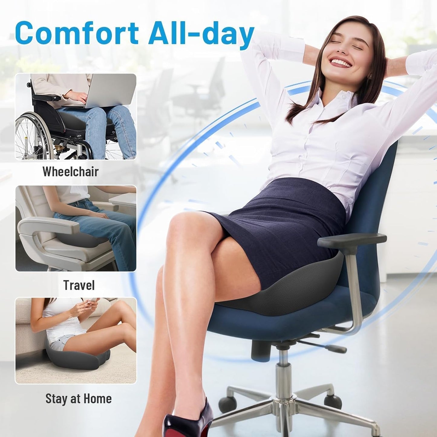 Seat Cushion, Memory Foam Office Chair Cushions, Ergonomic Curved Design for Sciatica, Tailbone, Coccyx, Seat Support for Car, Desk Chair, Wheelchair, Enhances Long Sitting Comfort (Grey)