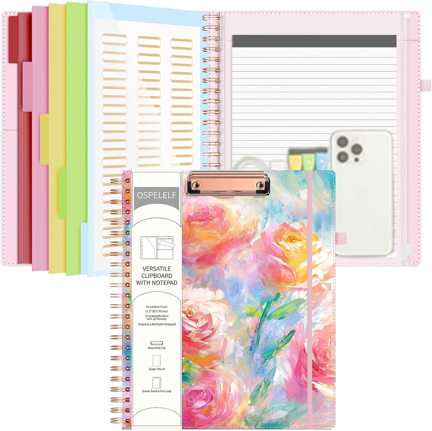 Ospelelf Pink Foldable Spiral Clipboard Folio with with Storage Zipper Pouch, 5 Plastic Folders with 10 Pockets, Leather Clipboard Folder with Notepad, 39 Divider Label Stickers (Rose)