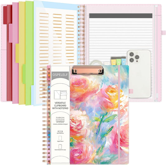 Ospelelf Pink Foldable Spiral Clipboard Folio with with Storage Zipper Pouch, 5 Plastic Folders with 10 Pockets, Leather Clipboard Folder with Notepad, 39 Divider Label Stickers (Rose)