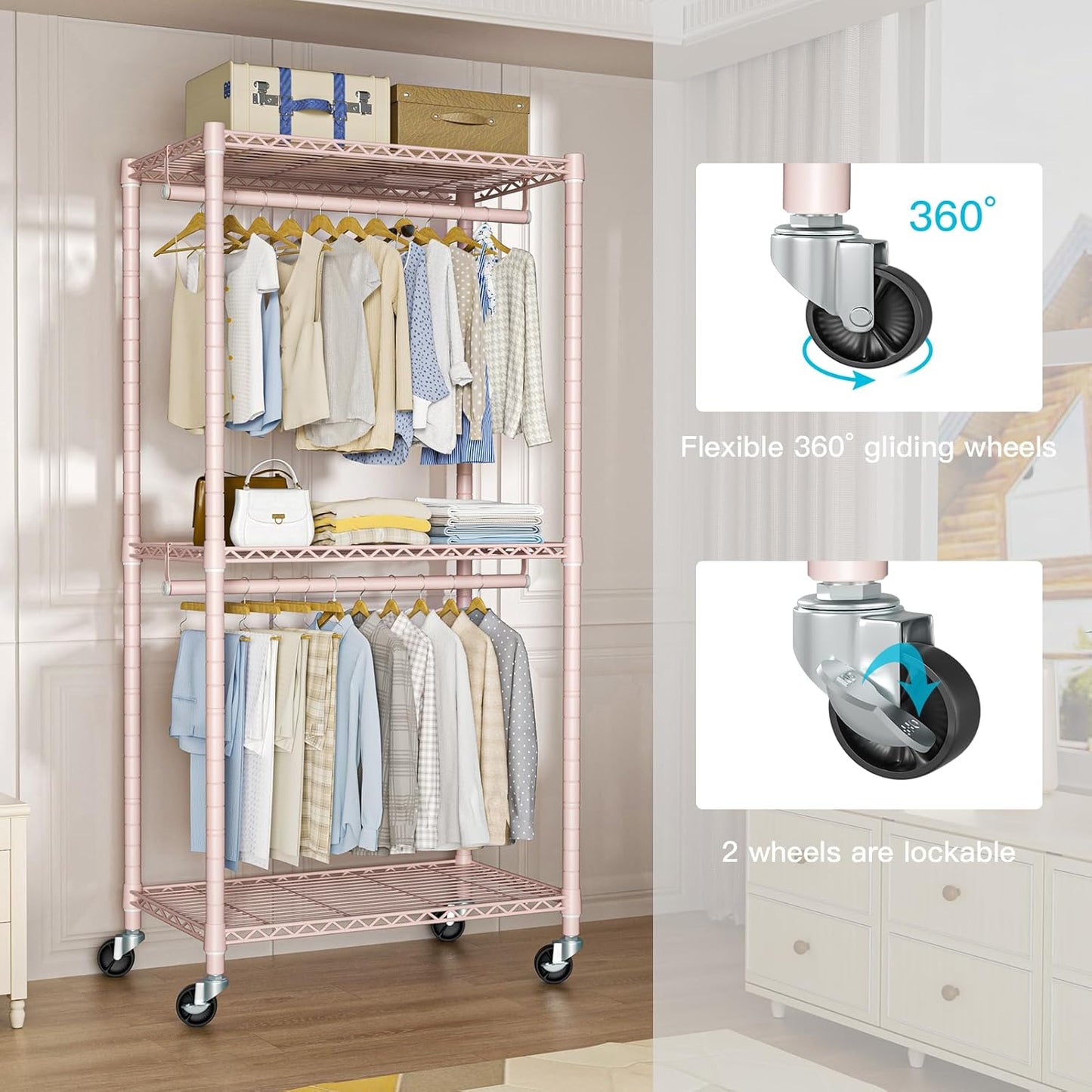 P1 Medium Heavy-Duty Portable Closet, 30" W x 14" D x 76" H, Metal Rolling Clothing Rack, Pink