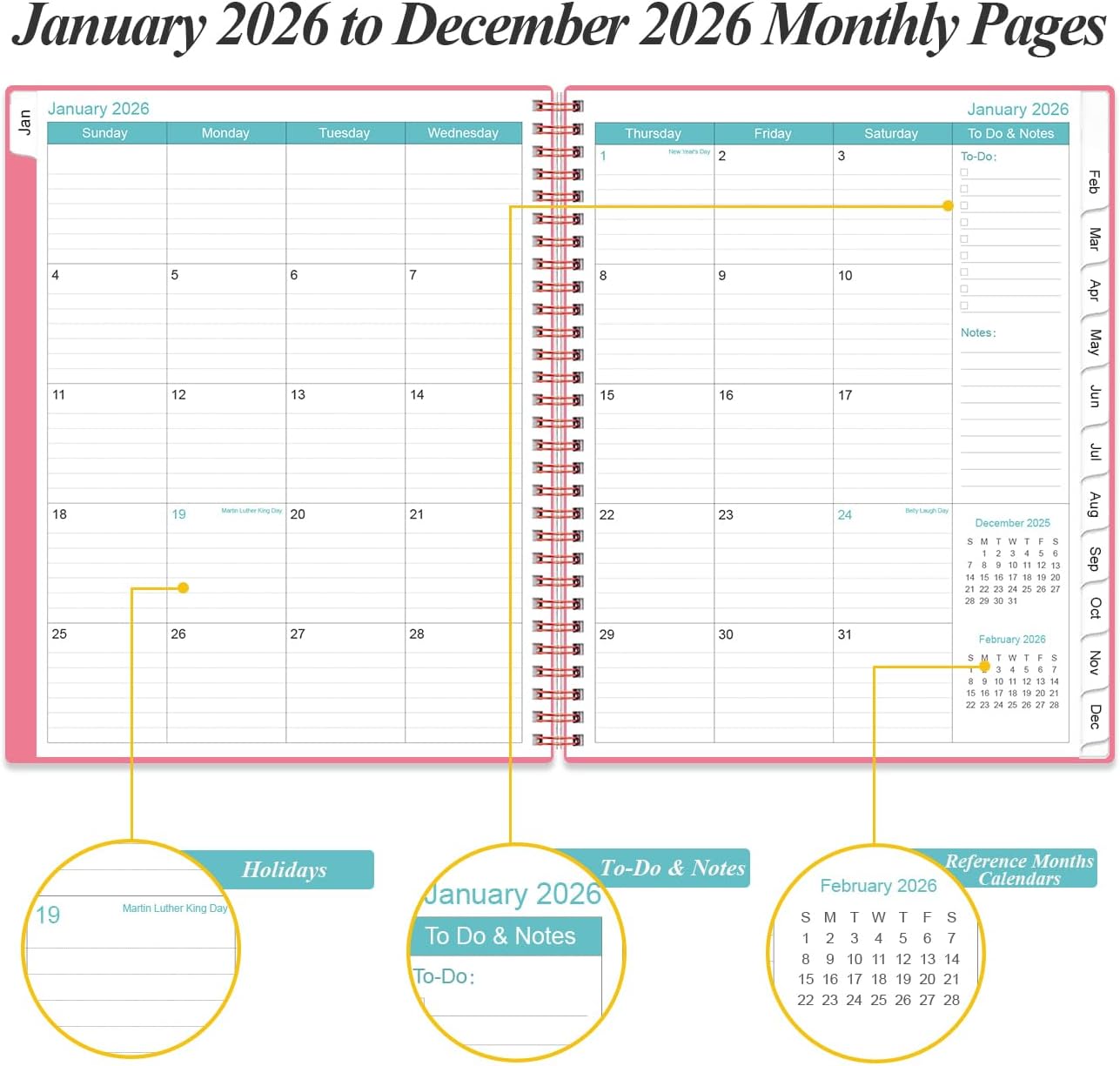 2026 Daily & Monthly Planner - One Page Per Day, Daily Planner from January 2026 - December 2026, Planner 2026 with 12 Monthly Tabs, 8.5" x 11", Pink