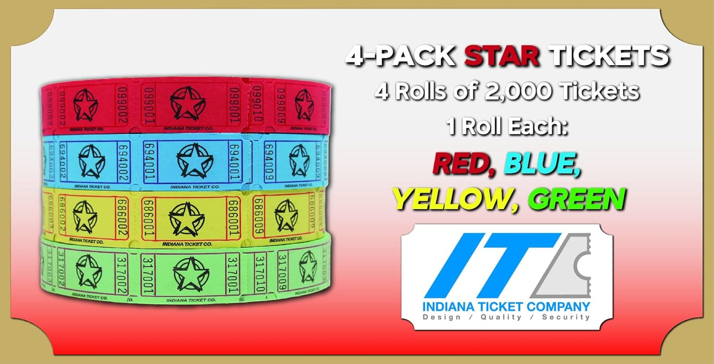 INDIANA TICKET CO. Raffle Roll Tickets Star - 2000 Tickets Each in Blue, Red, Yellow, & Green (8000 Total) 1x2 Tickets Admission, Events, Fundraisers, Prizes, Classroom Rewards, (Pack of 4)