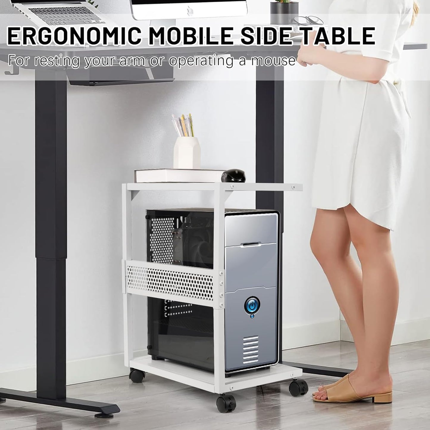 PC Stand Computer Tower Stand 2-Tier Metal CPU Holder with Locking Caster Wheels Suitable for Most PC (S,White)