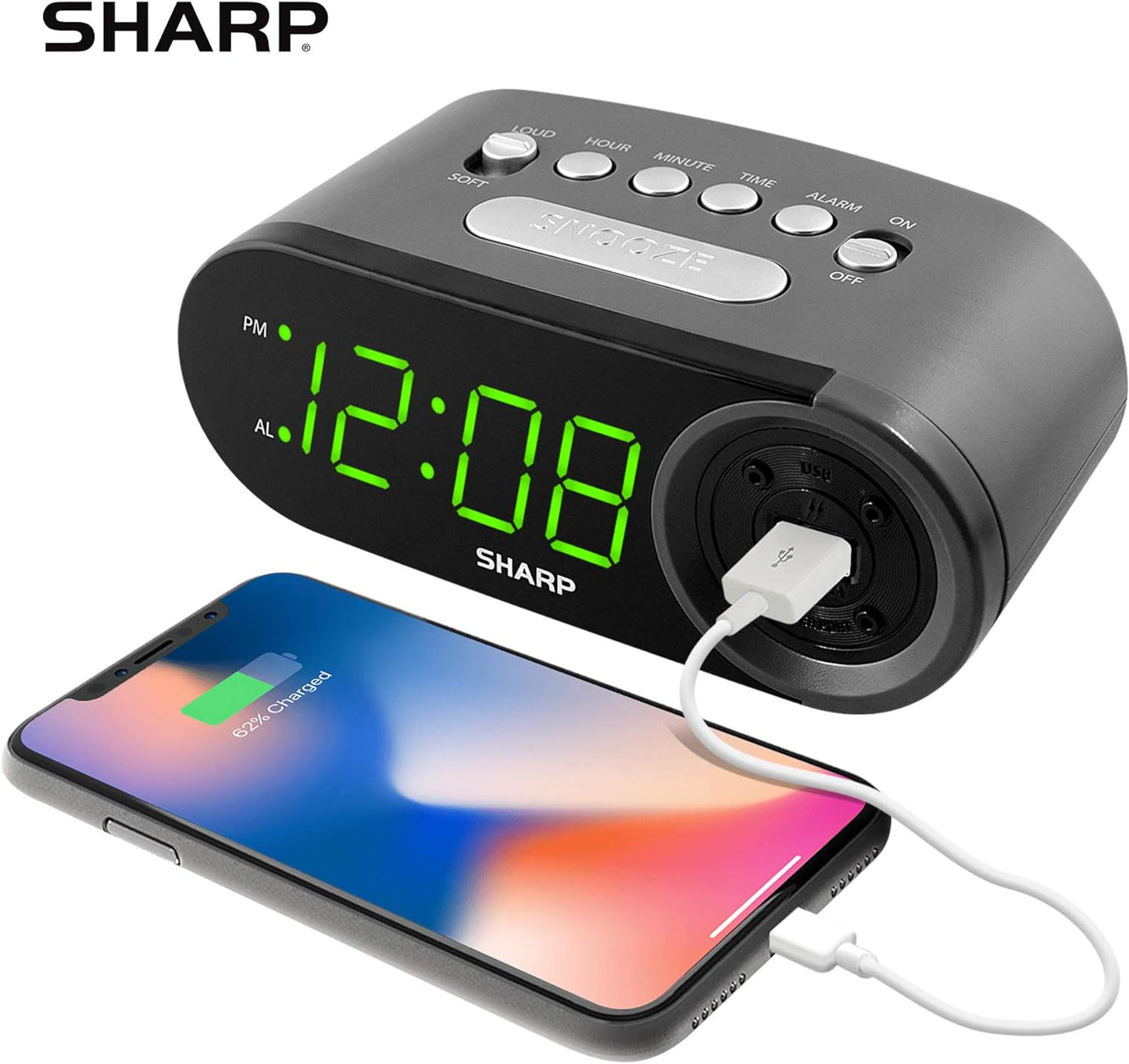 Sharp Digital Easy to Read Alarm Clock with 2 AMP High-Speed USB Charging Power Port - Charge Your Phone, Tablet with a high Speed Charge! Simple, Easy to Use Operation, Black – Green LEDs
