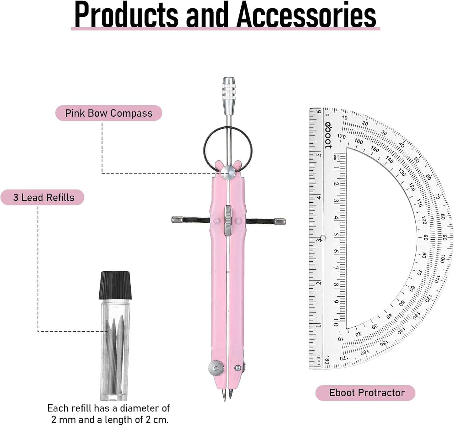 EBOOT Student Geometry Math Set, Drawing Compass and 6 Inch Clear Swing Arm Protractors 180 Degree Math Protractor (Pink)