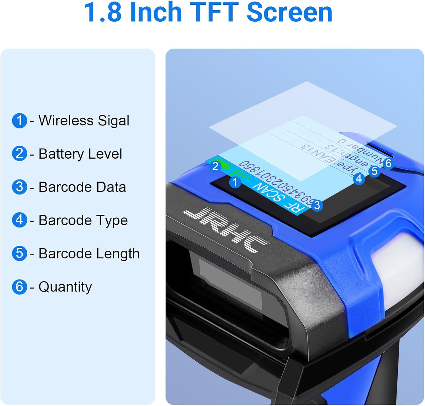 Barcode Scanner Industrial, Wireless 1D Laser Bar Code Scanners 2 in 1 Plug and Play Rugged Heavy Duty & IP65 Waterproof, Long-Distance Wireless Handheld Barcode Reader with 1.8" Screen