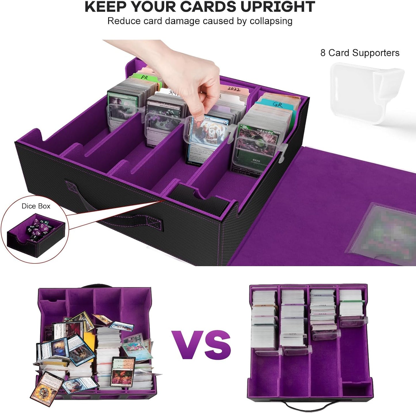 Trading Card Storage Box - 3200+ MTG Deck Box with Commander Display & Portable Handle, 4-Row Card Case Compatible for MTG/TCG/Magic Cards, 30 Colorful Divider, 8 Card Supporters (Black & Purple)
