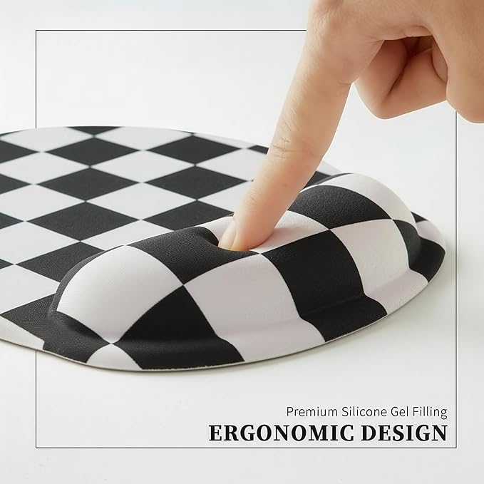 Black White Checkered Mouse Pad with Gel Wrist Rest, Wrist Support, Ergonomic Desk Accessories for Women, Office Laptop Gaming Decor, Cute Aesthetic Check Design