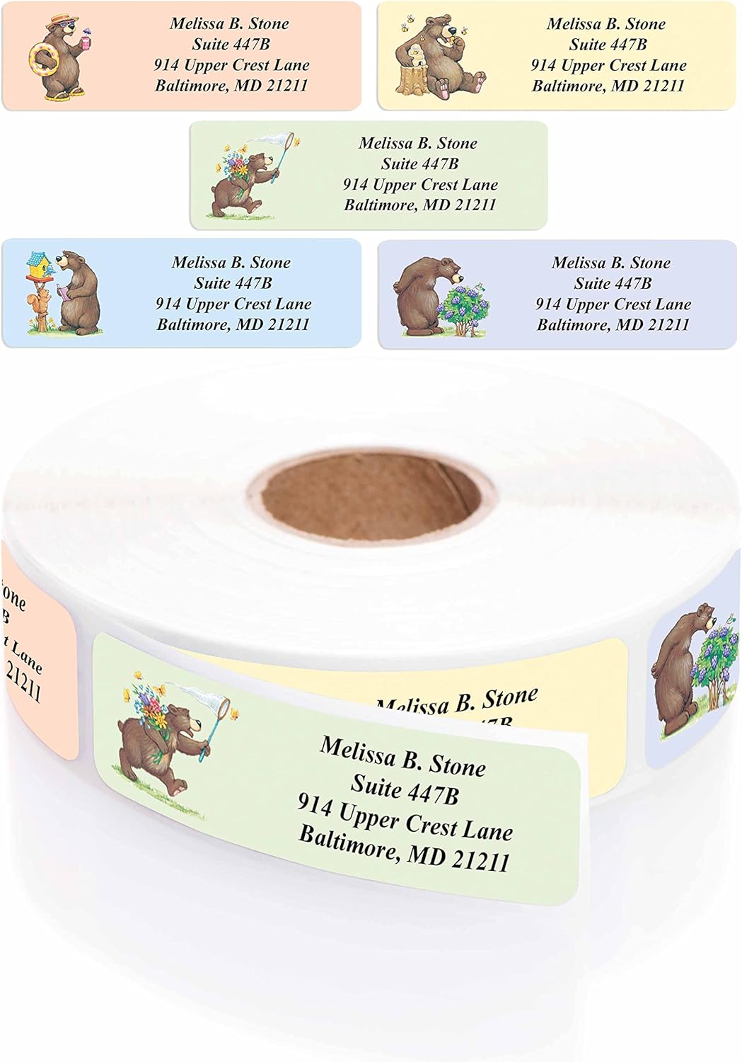 Bears Designer Assorted Rolled Address Labels with Elegant Plastic Dispenser