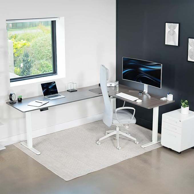 VIVO Electric Corner L-Shaped 84 x 63 in Standing Desk, Memory Height Adjustment, Dark Gray Top White Frame, DESK-E3CTWG-84