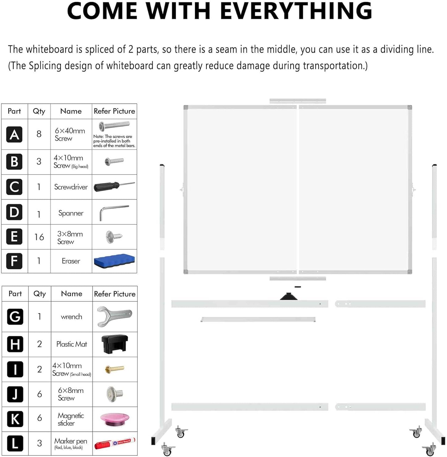 Large Rolling Whiteboard on Wheels, 48" x 36" Double-Sided Mobile White Board with Stand, 4' x 3' Portable Standing Magnetic Dry Erase Board Easel for Home Office Classroom School, Silver
