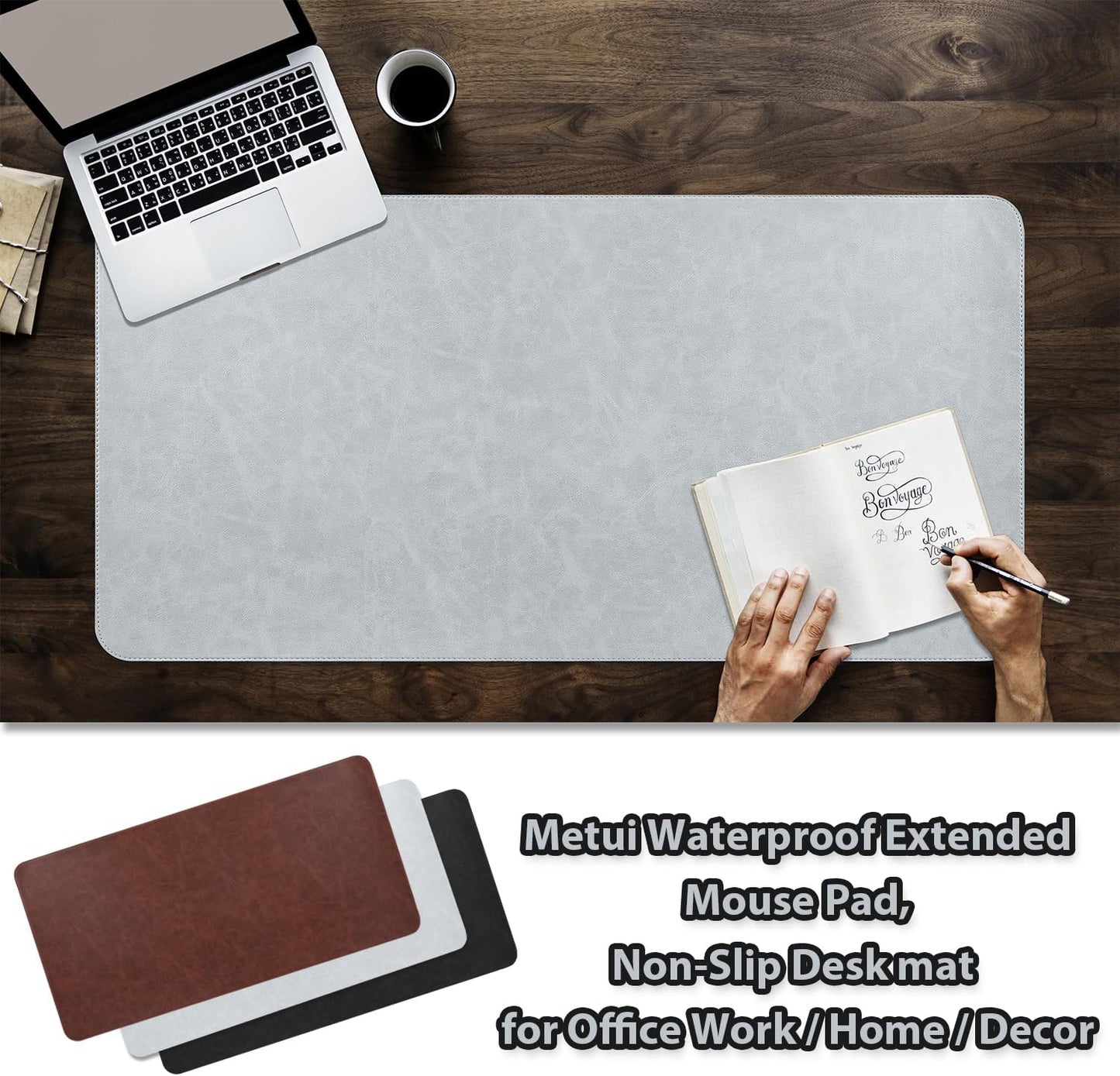 Leather Desk pad for Computer and laptops, Ideal for Gaming and Office use, Large Mouse pad and Keyboard mat,Desk mat for Man. A complimentary Wrist pad and Phone Stand.(Gray-White, 15.7"x 31.5")
