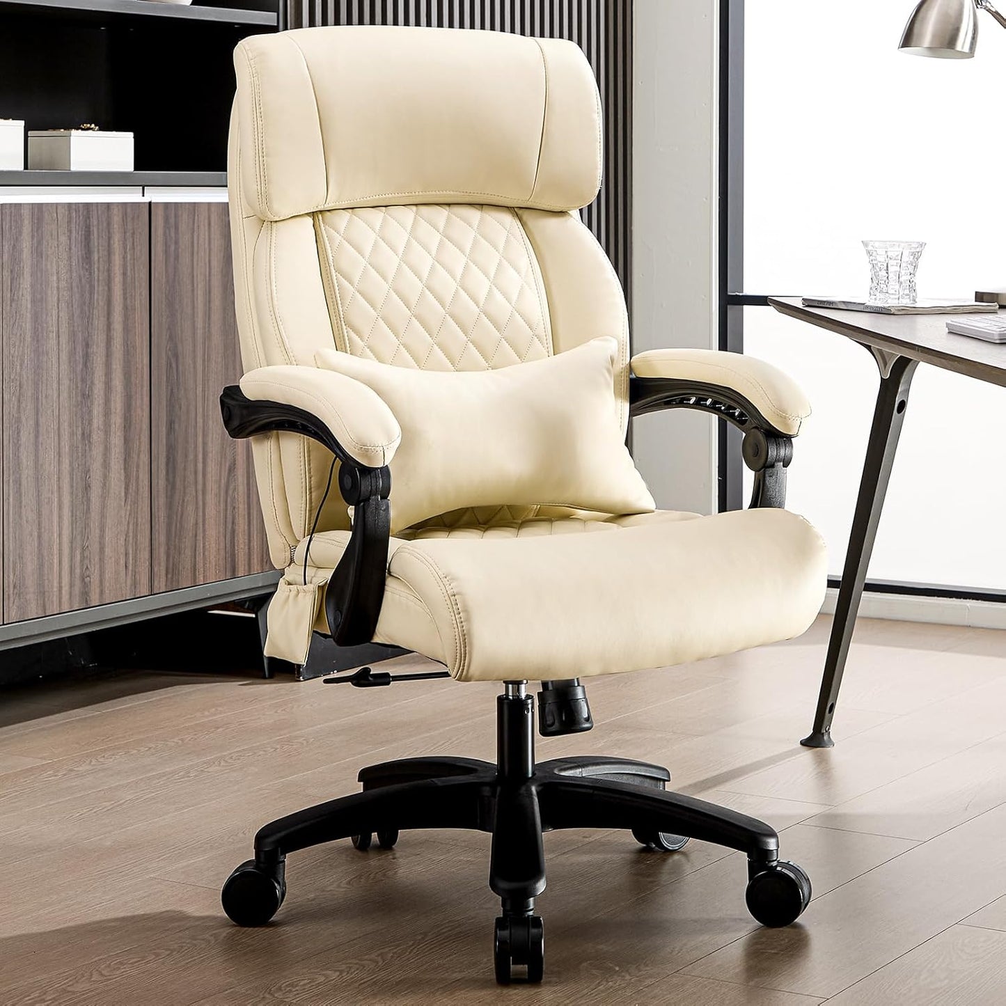 Lumbar Massage Office Chair, 500LBS Big and Tall Office Chair, Heavy Duty Ergonomic Executive Reclining Chair with High Back and Lumbar Support, Beige