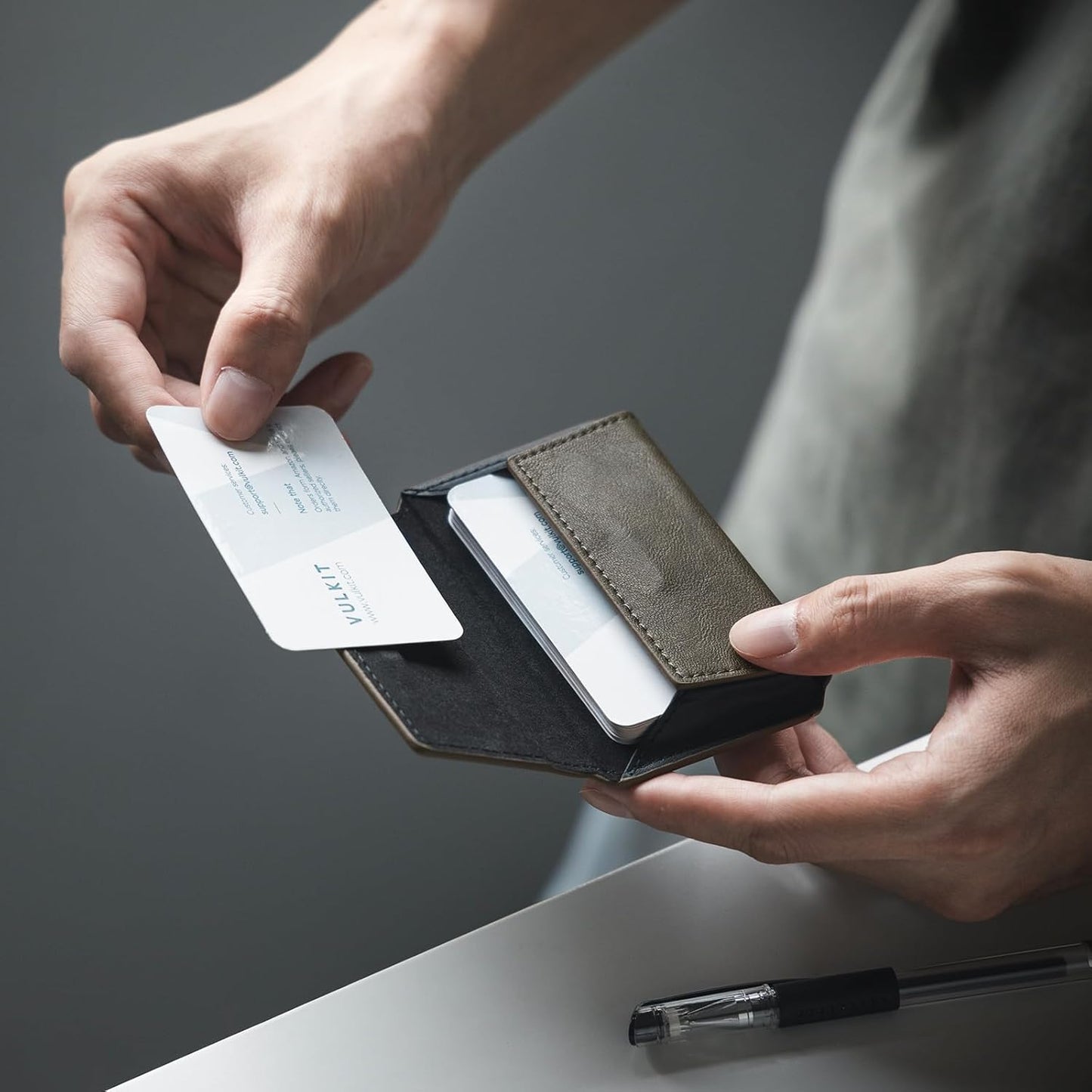 VULKIT Leather Business Card Holder Case for Men Slim Pocket Business Card Wallet Name Card Case Holder, Holds 20 Business Cards Olive