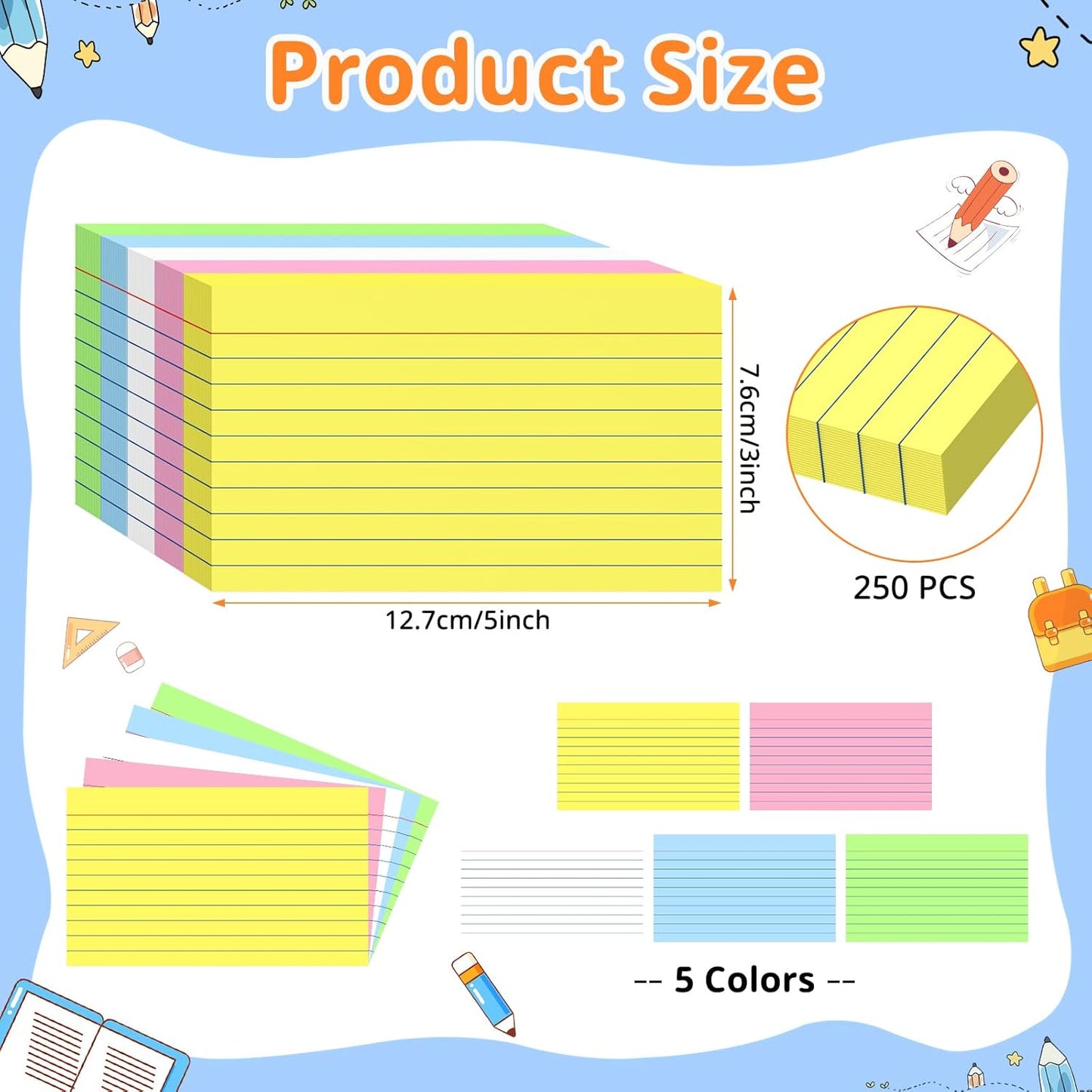 Colored Index Cards 3 X 5, 250 Count, Flash Cards For Studying, Lined Flashcards Notecards, Study Card, Ruled Front And Blank Back, Heavy Note Cards For Office, Home And School