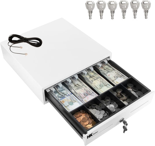 HK SYSTEMS 13inch White Heavy Duty POS Interface Cash Drawer with 4Bill/5Coin