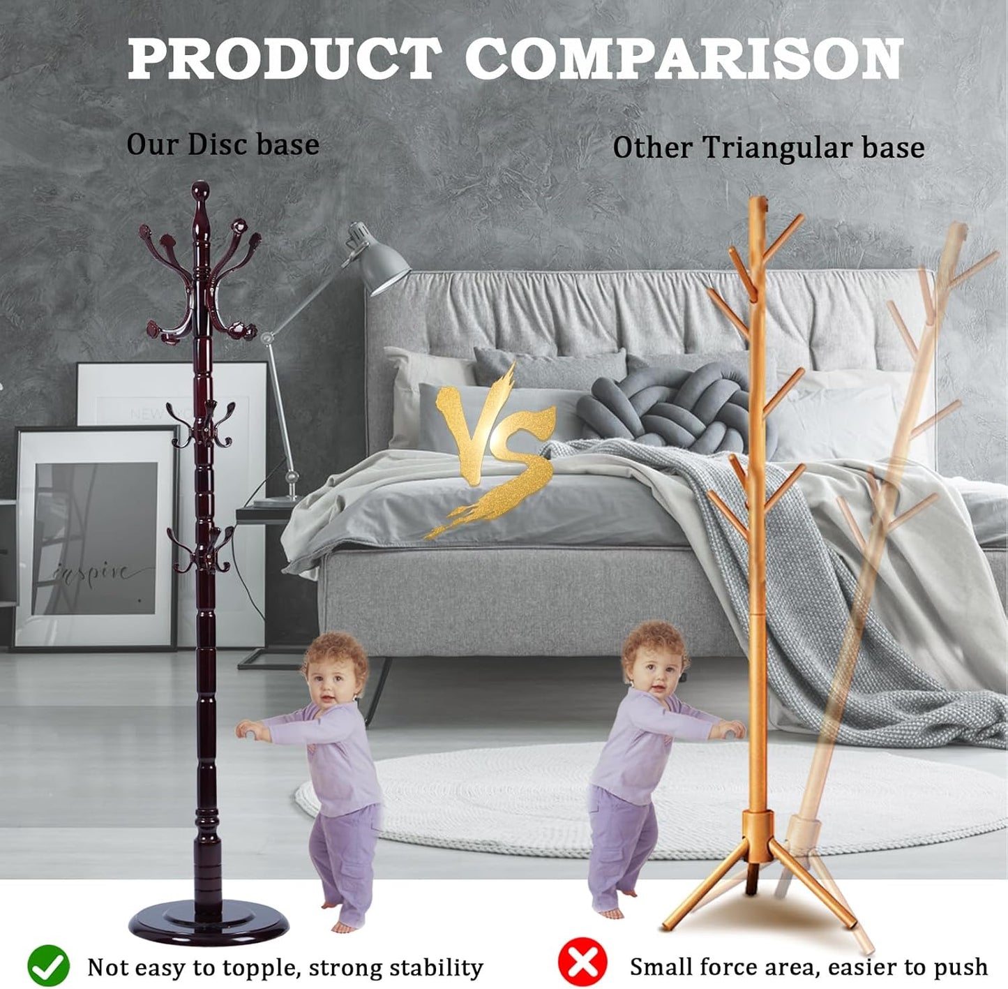 Coat Racks FreeStanding with 14 Hooks, Natural Wood Coat Rack with Solid Round Base, Adjustable Height Coat Racks, Easy Assembly for Hallway, Bedroom and Office (Rosewood Ruyi Hook)