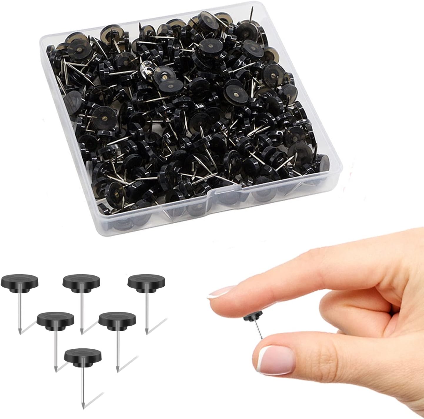 Black Push Pins for Cork Board,Flat Thumb Tacks for Wall Hangings,120 Pcs Flat Head Push Pins for Bulletin Board Plastic Thumb Tacks Steel Point in Reusable Box
