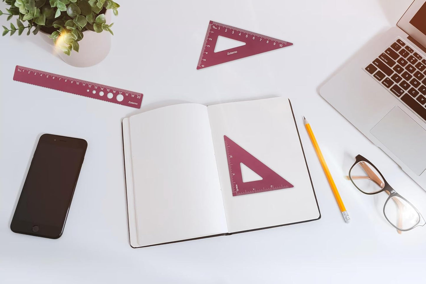 Metal Geometry Set, 5-Piece Aluminum Ruler, Math Drafting Ruler Kit Includes Protractor, Triangle Rulers, Straight Rulers-Math Measurement Tools for School and Office Supplies (Plum Red)