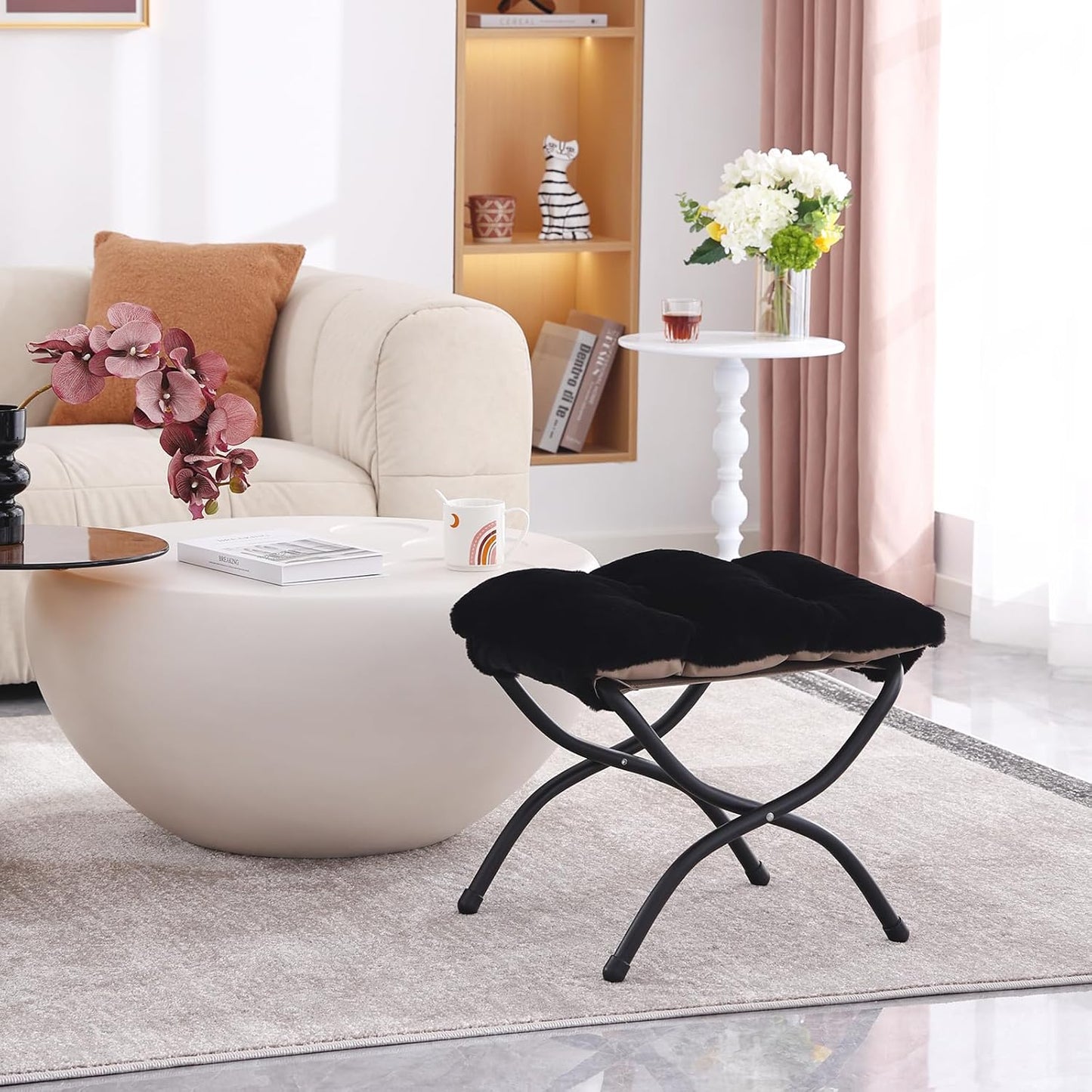 LITA Folding Upholstered Footrest Stool, Modern Small Portable Accent Ottoman with Detachable Thick Cotton Cushion Padded Sofa Stool with Metal Frame for Lazy Chair, Living Room & Bedroom, Plush Black