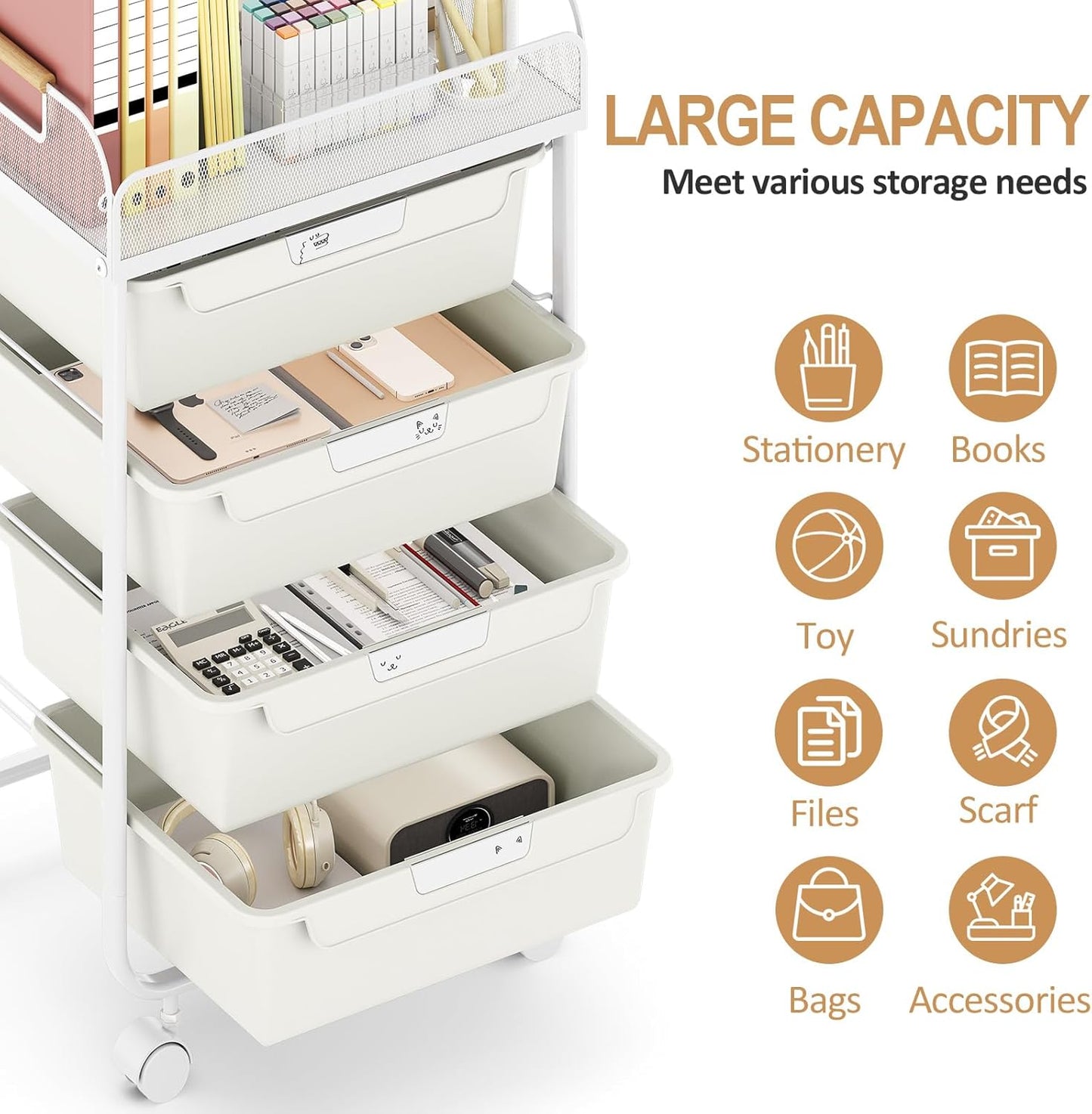 Rolling Utility Storage Cart with 4 Drawers - 4 Tiers Rolling Cart Craft Cart, Storage Drawer Cart Organizer for Craft Room Office Bedroom Classroom with Mesh Top & 4 PCS DIY Lable, White