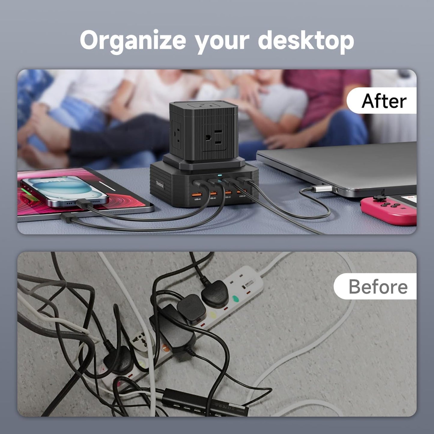 100W USB C Charging Station 13-in-1 Surge Protector Power Strip with 4 PD USB-C & 4 USB-A Ports, Adapt to MacBook Pro/Air, iPhone 15/14, iPad, and Multi-Device Office and Home Chargers