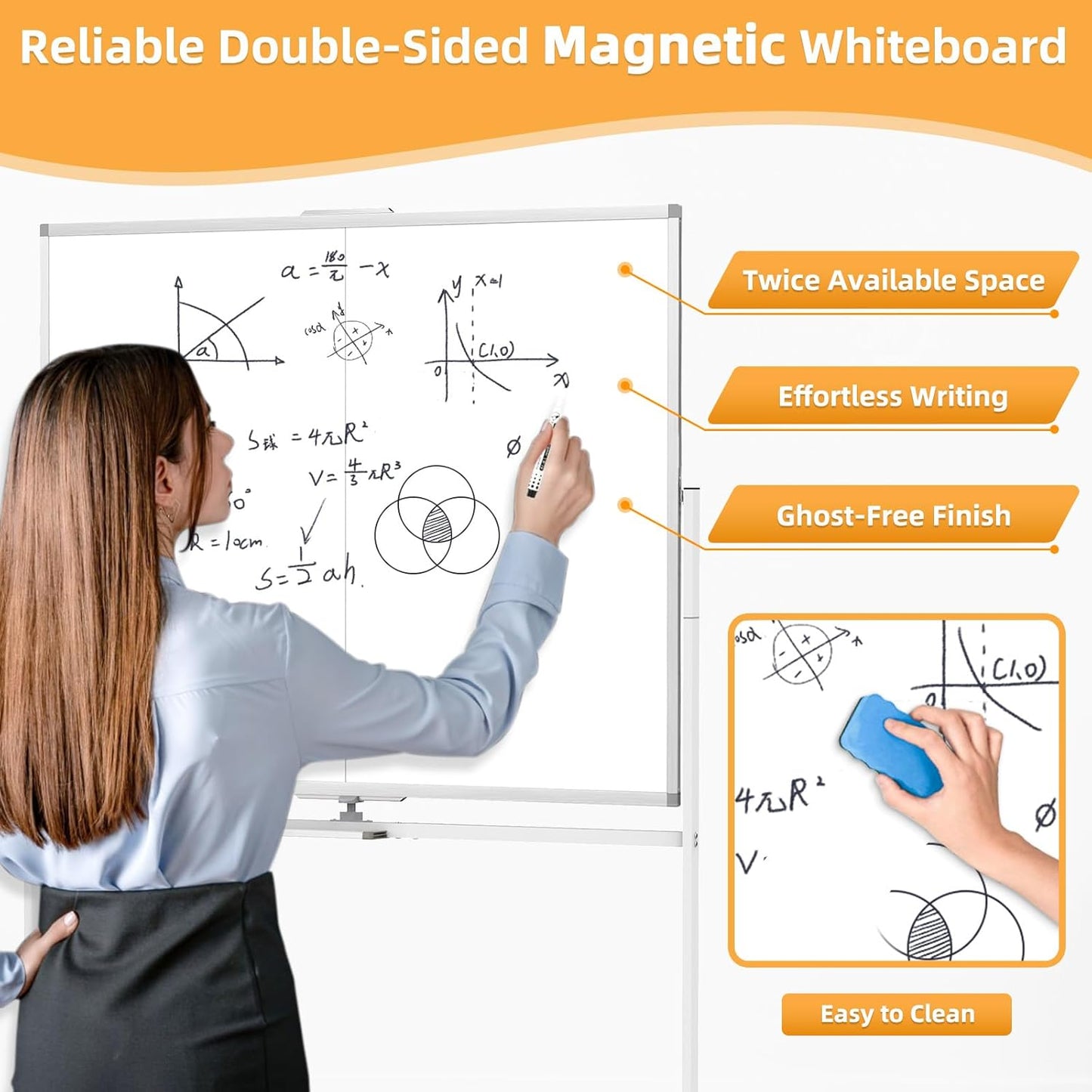 WALGLASS Rolling Whiteboard on Wheels, 60"x48" Double-Sided Dry Erase White Board with Stand, Large Magnetic Whiteboard, Giant Portable Standing Whiteboards for Office, School, Home, Classroom 5x4 ft