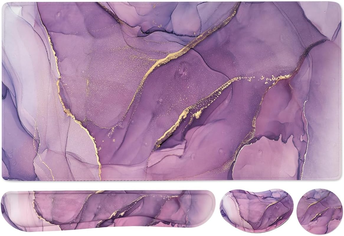 Large Keyboard Mouse Pad Set, Extended Mouse Pad+Keyboard Wrist Rest Support, Memory Foam Ergonomic Easy Typing, 4Pcs (35.4×15.7 in) Desk Pad Set for Home Office Study Game - Purple