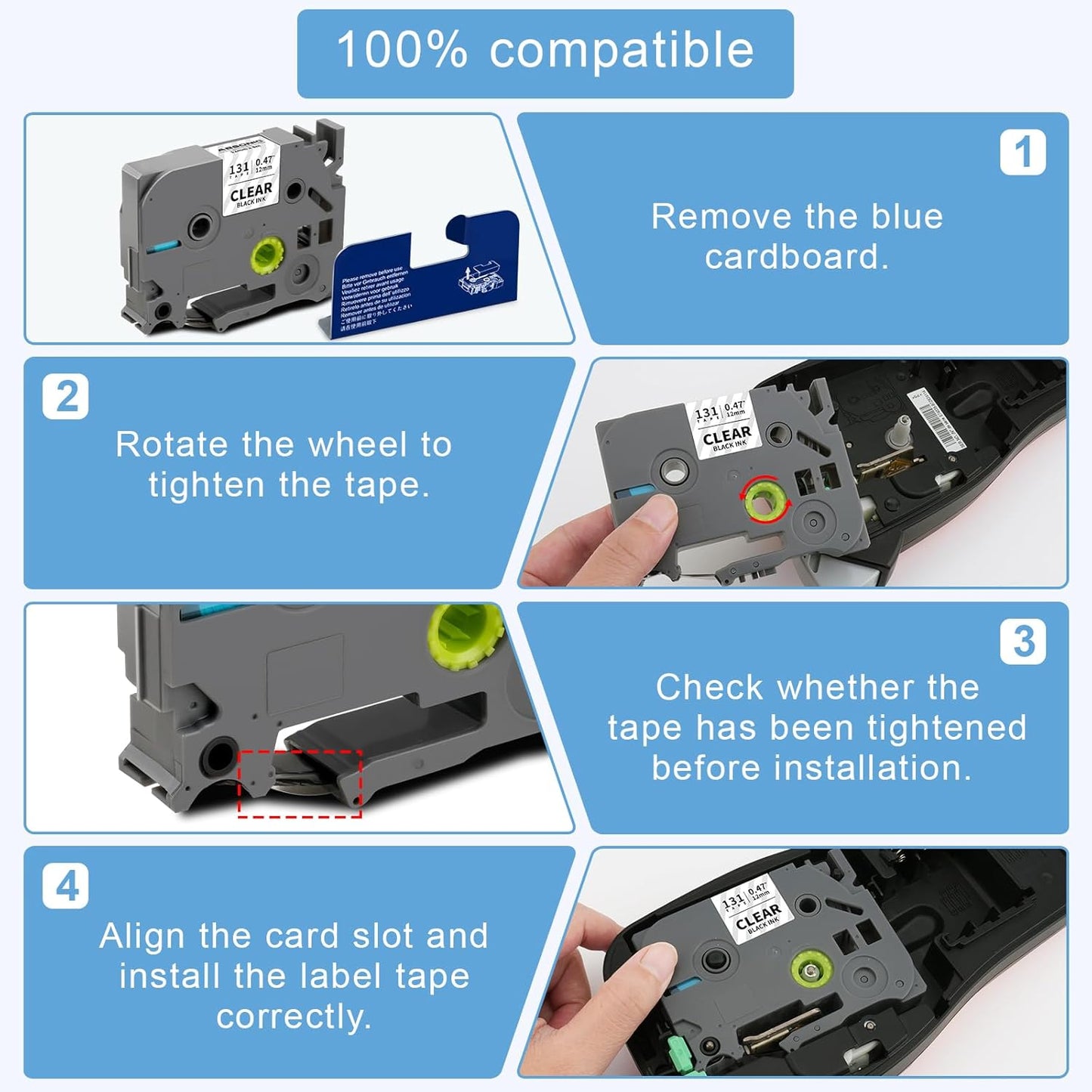 Absonic 6-Pack 12mm 0.47 Laminated Clear Tape Compatible for Brother TZe-131 TZe131 Label Tape 1/2 Tze Label Tape for Brother Ptouch PT-D210 PT-D220 PT-H111 PT-H100 PT-D400 Label Maker, Black on Clear
