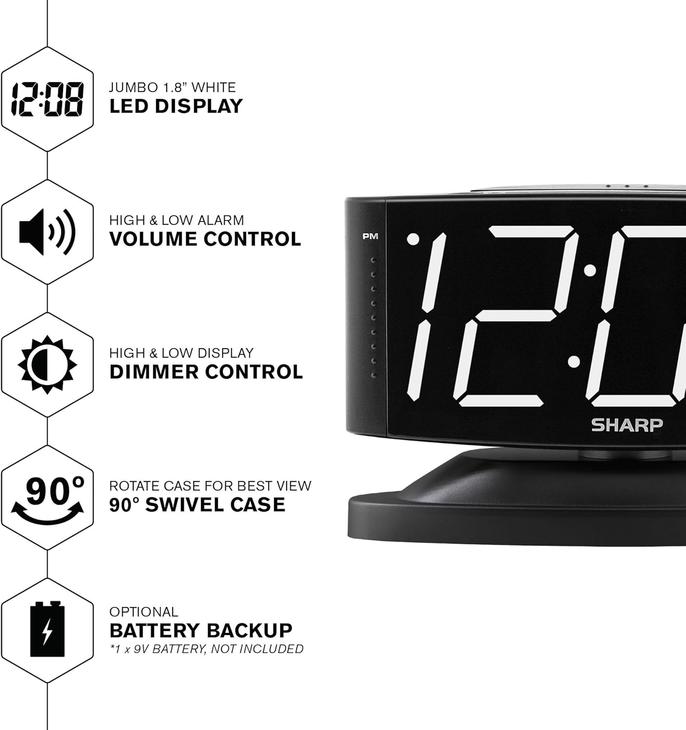 Sharp Home LED Digital Alarm Clock – Swivel Base - Outlet Powered, Simple Operation, Alarm, Snooze, Brightness Dimmer, Big White Digit Display, (Black-White LED)
