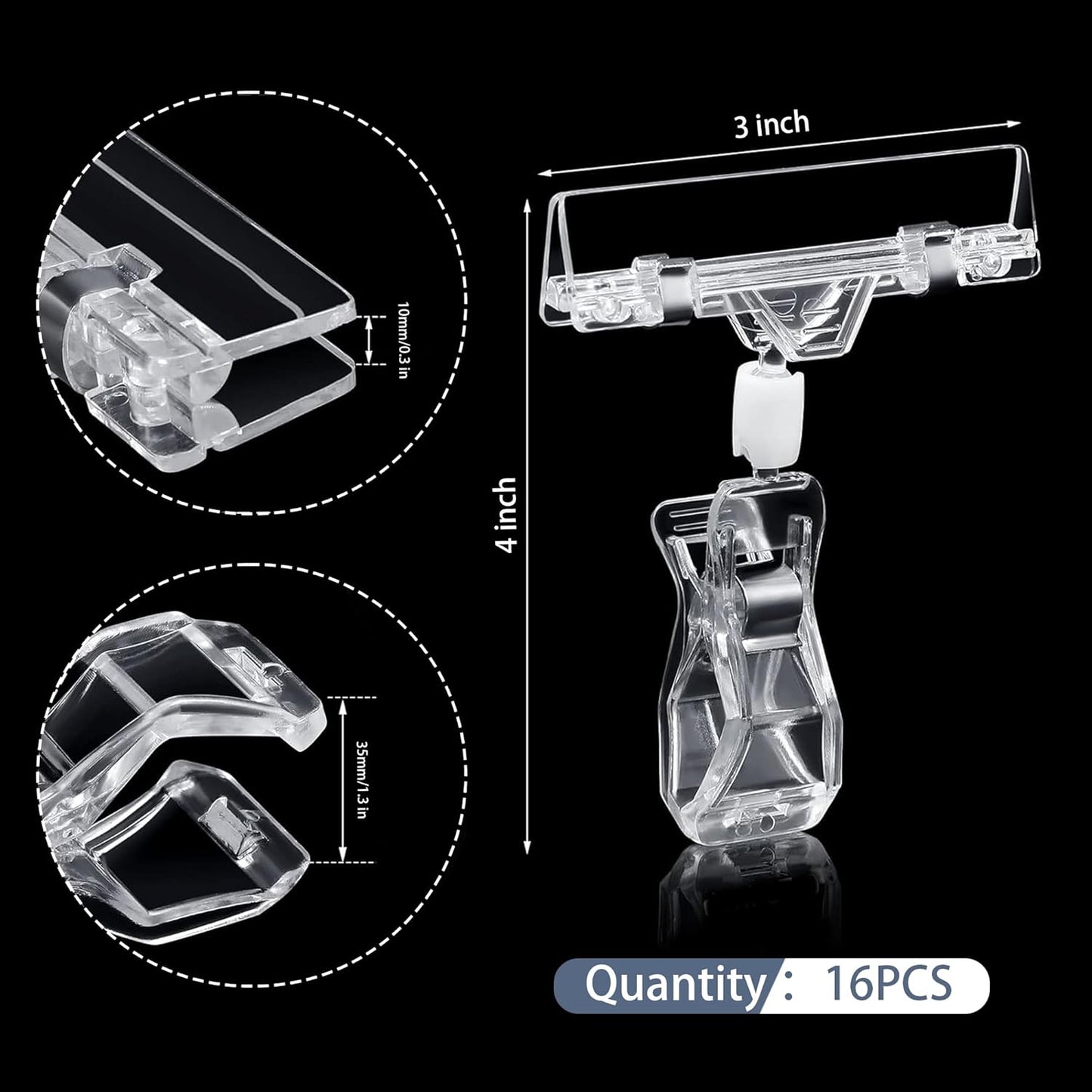 Mlici 16 Pieces Clear Sign Clips, Plastic Merchandise Rotatable Pop Clip Sign Holder Stand, Swivel Clips Clothing Rack Signs, Double Display Clips for Retail, Baskets, Cards