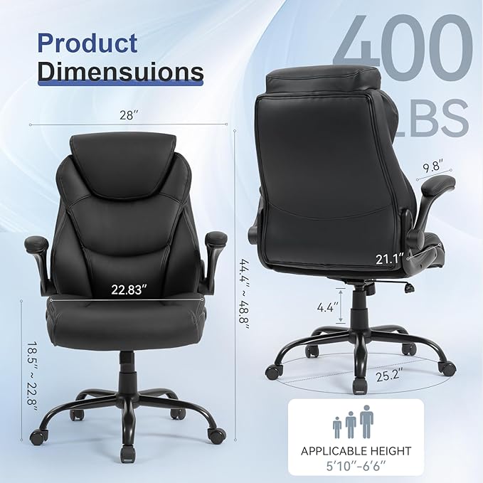 Brage Living 400LBS Big and Tall Office Chair, Leather Executive Desk Chair with Padded Flip-up Arms, Heavy Duty Swivel Rolling Computer Chair for Home Office, Black