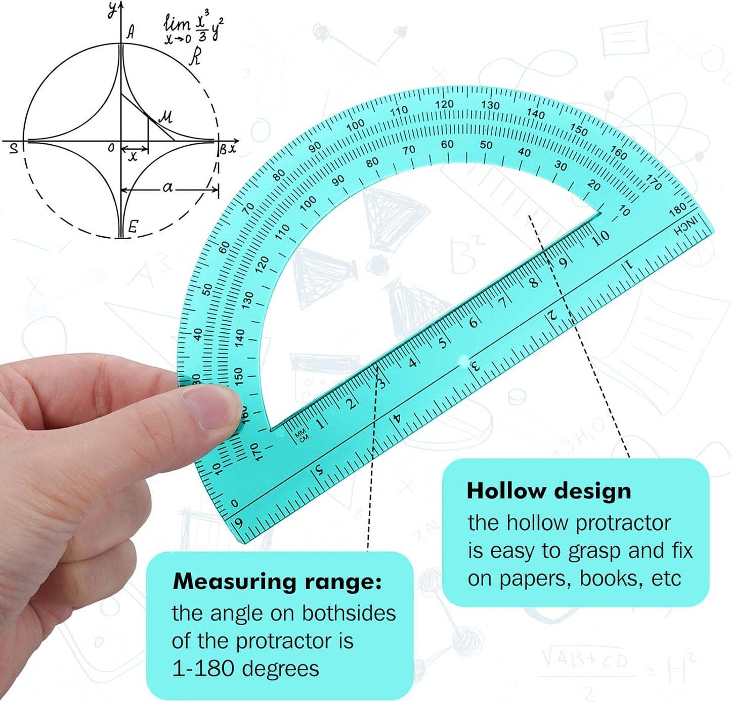 Zonon 2 Pcs 6 Inch Plastic Protractor Math Protractors 180 Degrees Angle Measurement, Translucent for Geometry Classroom Kid Student School Office Supplies(Turquoise)
