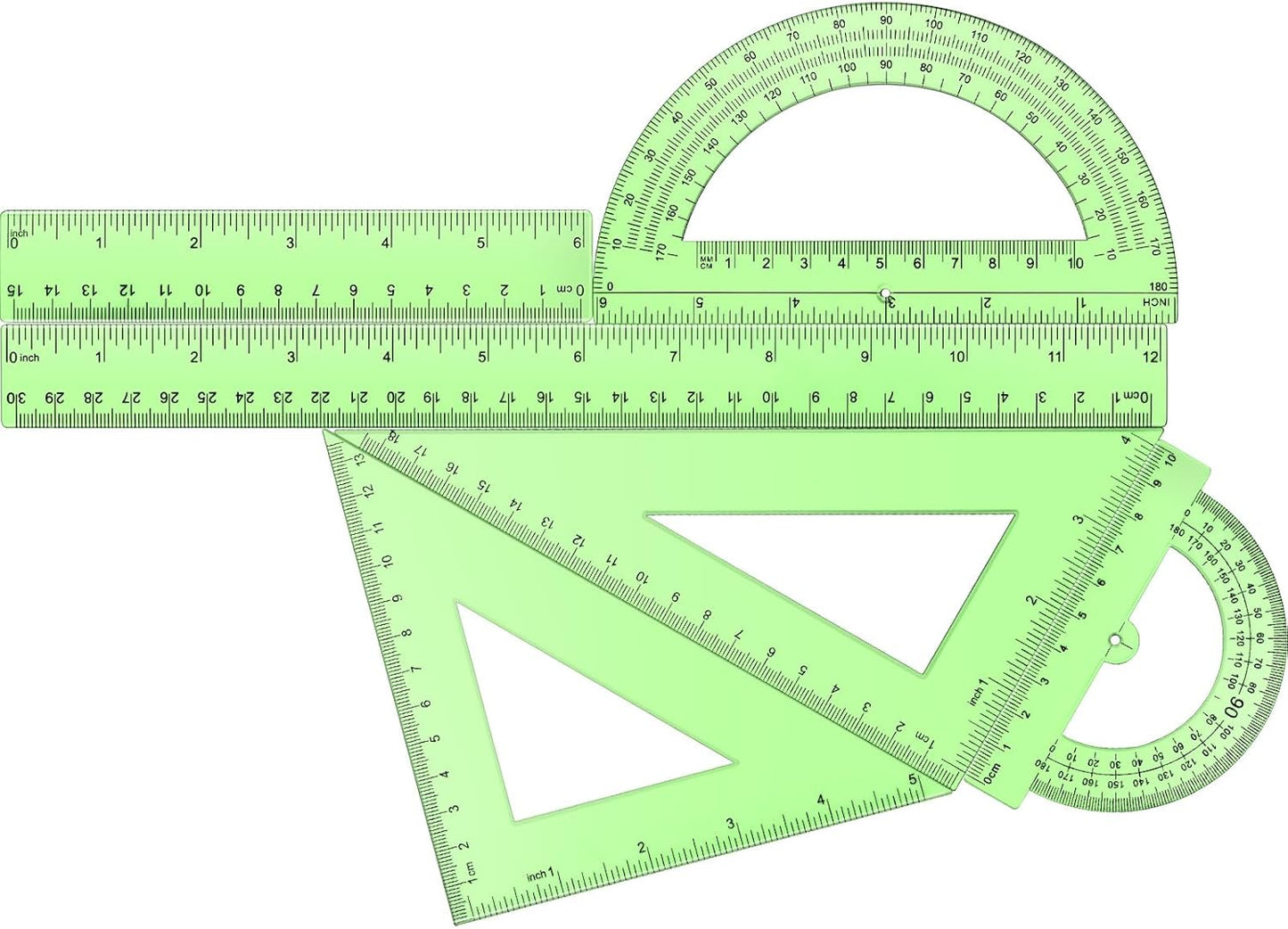 Tenare 6 Pcs Plastic Ruler Math Set Includes 12 Inch 6 Inch Straight Protractor Triangle Geometry Transparent Math Ruler Measuring Tools for School Office Home(Green)
