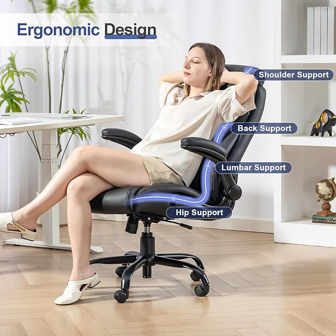 Brage Living 400LBS Big and Tall Office Chair, Leather Executive Desk Chair with Padded Flip-up Arms, Heavy Duty Swivel Rolling Computer Chair for Home Office, Black