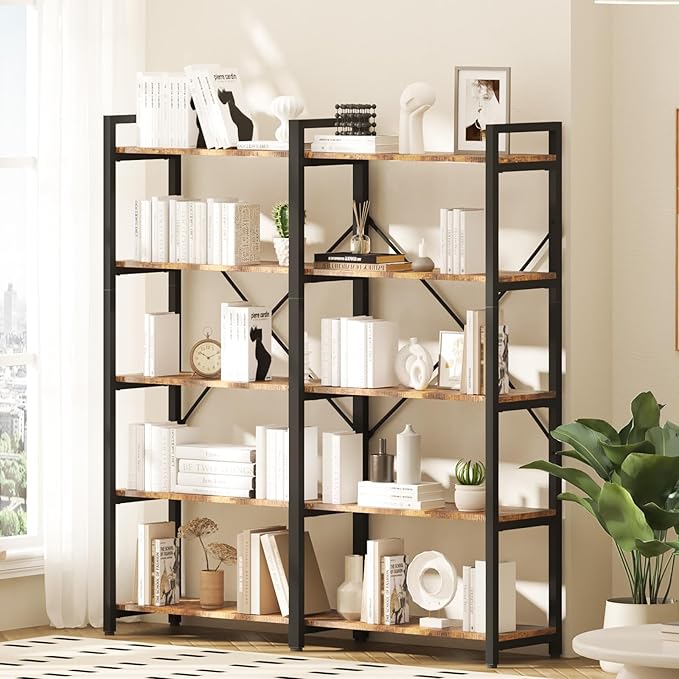 oneinmil 5 Tier Bookshelf Set of 2, 58.7'' Industrial Book Shelf, Wooden Bookshelves with 10 Open Display Shelves, Vintage Storage Rack, Standing Wide Bookcase for Home and Office, Rustic Brown